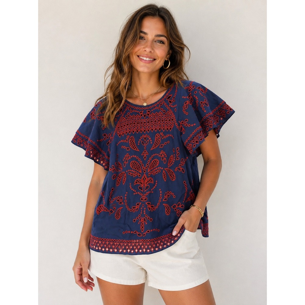 Parker Navy Blue Red Eyelet Embroidered Flutter‎ Sleeve Cotton Blouse Size Small